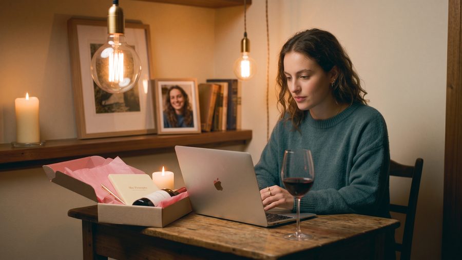A founder at her own table in the evening, laptop open and a glass of red wine beside her, with an opened She Prompts box, notebook and wine bottle in front of her.